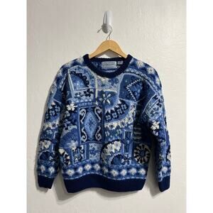 Vintage Northern Isles Sweater Medium Hand Knit Blue Knit Wool Crewneck Wool